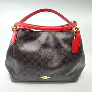 Coach Brown Signature Canvas Shoulder Bag with Red Trim